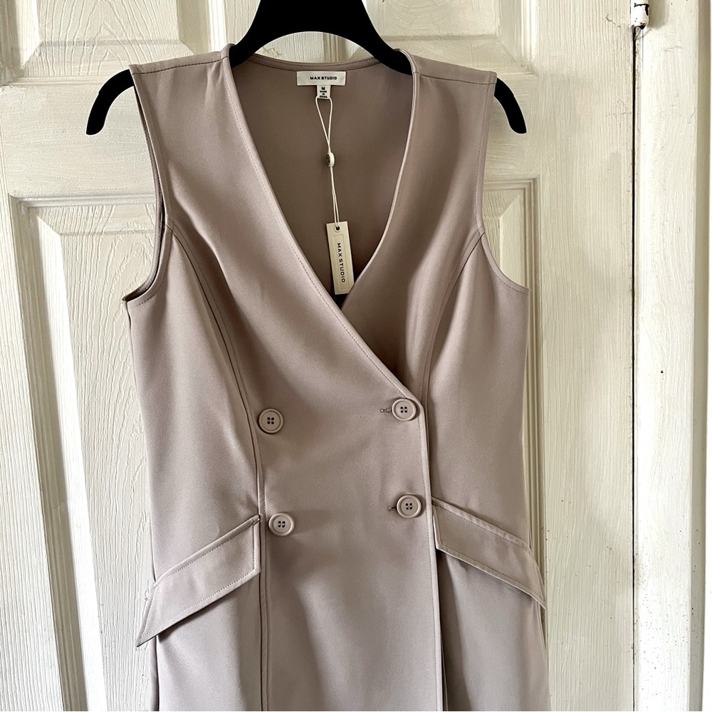 Max Studio Beige Sleeveless Double-Breasted Front Button Tuxedo Dress Size Med. - Picture 2 of 16